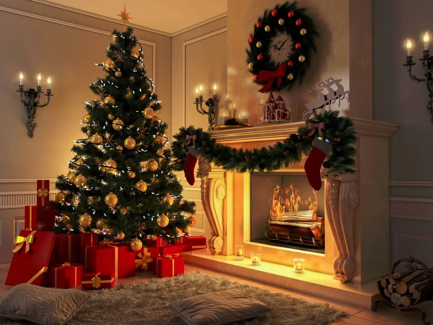 A festive room with a decorated Christmas tree, presents, and a glowing fireplace adorned with stockings and wreaths.