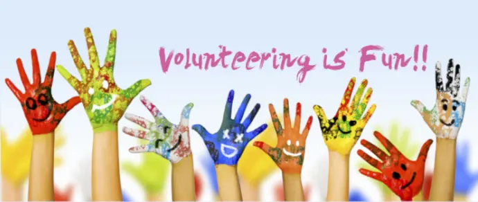 Colorful painted hands with smiley faces and "Volunteering is Fun!!" in the background.