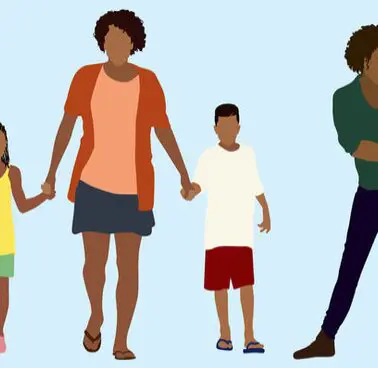 A family of four is holding hands on the left, with someone standing apart on the right. No context of burnout at work is evident.