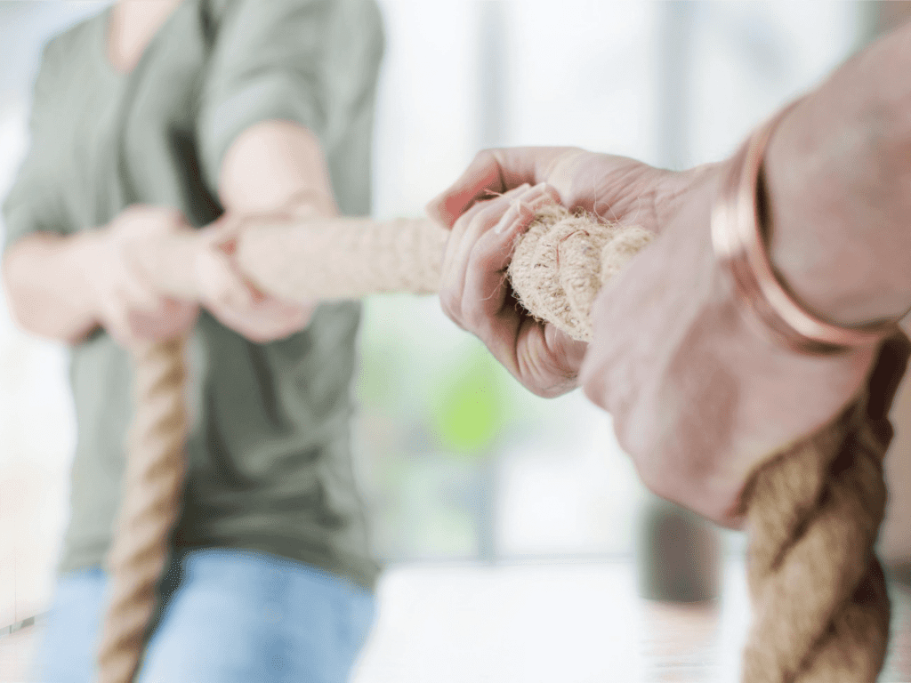 People engaged in a tug-of-war, holding a thick rope tightly in hands.