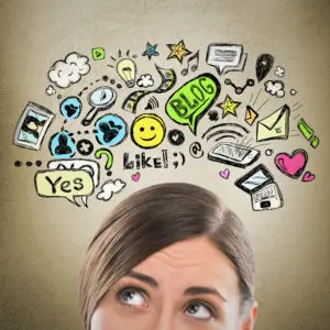 A woman looks up at social media and communication icons, including "Blog" and "Like!", suggesting a busy digital world.