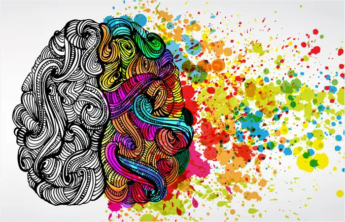 Illustration of a brain, left side detailed and black, right side colorful and splattered, symbolizing creativity and logic.