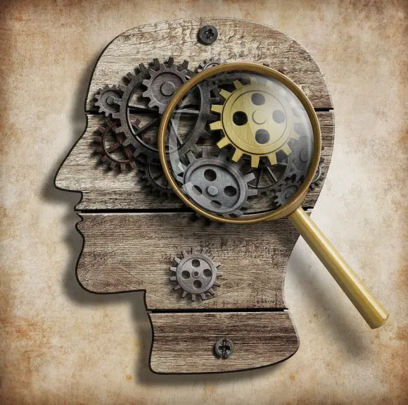 A wooden head silhouette with gears and a magnifying glass suggesting the purpose of psychological assessment.