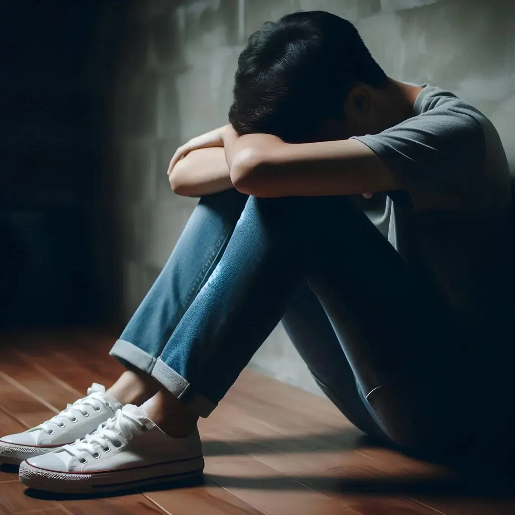 A person sits on the floor in a dimly lit room, appearing contemplative or distressed.