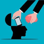 A silhouette of a head with a brain being replaced by a smartphone, suggesting the impact of technology on the mind.